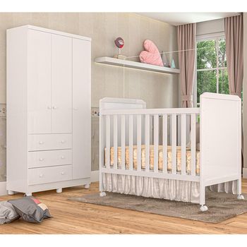 Quarto de Bebê Berço Cloe e Guarda Roupa 3 Portas Móveis Peroba