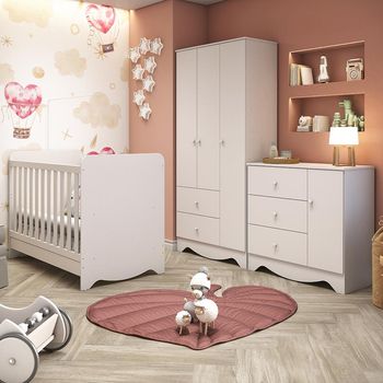 Quarto de Bebê Completo Berço Mini Cama Cômoda 3 Gavetas 1 Porta e Guarda-Roupa 3 Portas Ben Móveis Peroba