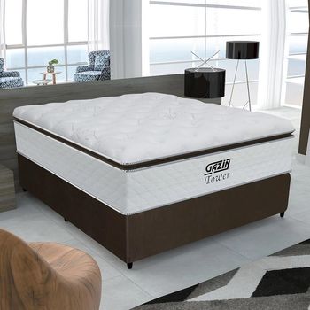 Cama Box Casal 138cm Pillow Top Molas Ensacadas Tower Gazin e Base 2CEN