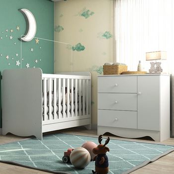 Quarto de Bebê Berço Mini Cama e Cômoda 3 gavetas 1 porta Bem MDF Móveis Peroba
