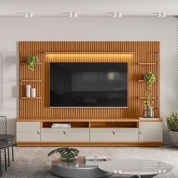Rack com Painel Ripado para TV até 75 Polegadas com LED 2 Portas 2 Gavetas Ouro Preto Linea Brasil