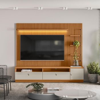 Rack com Painel Ripado para TV até 75 Polegadas com LED 1 Porta 2 Gavetas Ouro Preto Linea Brasil