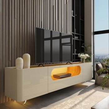 Rack para TV até 85 Polegadas com LED 2 Portas 1 Gaveta com Pés de Vidro Em MDF Nobre Gelius