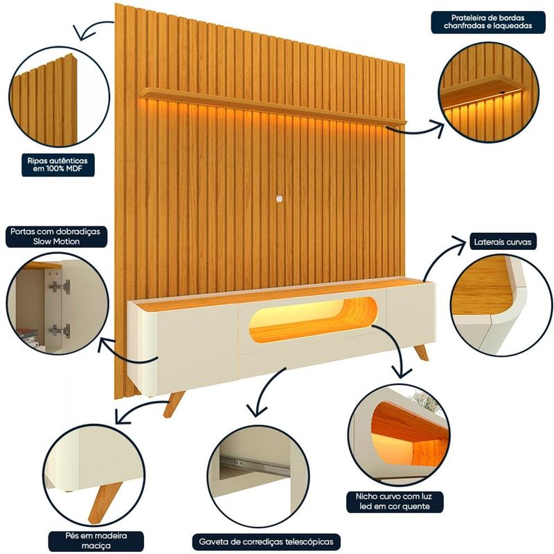 Rack-com-Painel-para-TV-de-Ate-85-Polegadas-2-Portas-1-Gaveta-LED-Com-Pes-de-Madeira-Nobre-Nobre-Gelius-