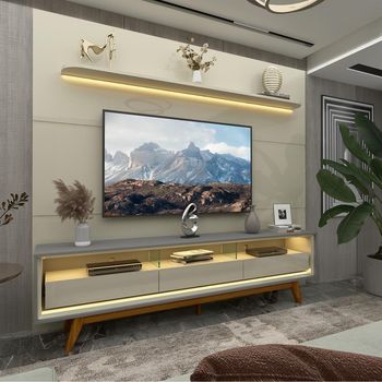 Rack com Painel para TV até 85 Polegadas com LED e Vidro 3 Gavetas com Pés Royal Requinte 230 Gelius