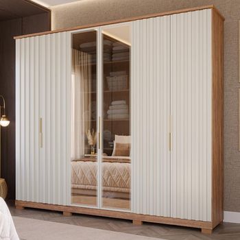 Guarda Roupa Casal Ripado com Vidro Reflecta e Pés 6 Portas Em MDF La Belle Panan Móveis