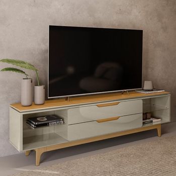 Rack para TV até 75 Polegadas com Prateleira de Vidro 2 Gavetas com Pés de Madeira Los Angeles Linea Brasil