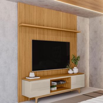 Rack com Painel Ripado para TV até 75 Polegadas com Prateleira de Vidro 2 Portas com Pés de Madeira Mod 22 Miami Linea Brasil