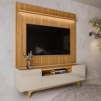 Rack com Painel Ripado para TV até 75 Polegadas com LED 3 Portas com Pés de Madeira Orlando Ouro Preto Linea Brasil