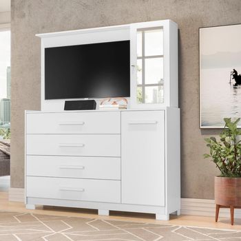 Cômoda com Painel para TV até 43 Polegadas 4 Gavetas 2 Portas com Pés e Espelho Ilhabela Albatroz