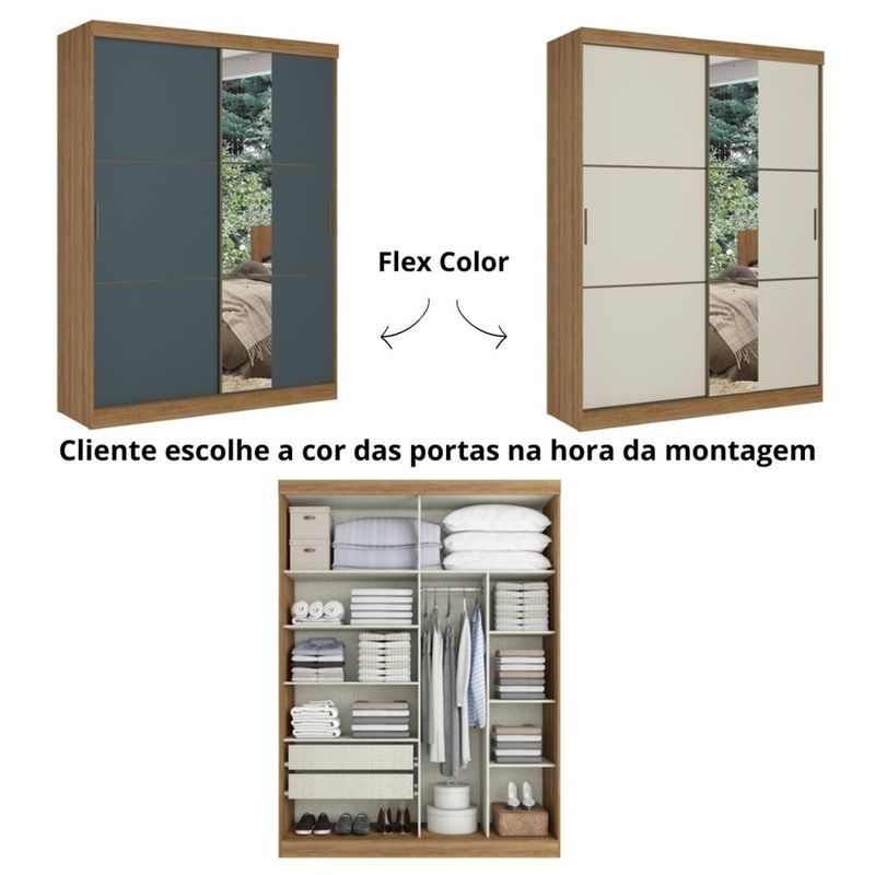Guarda Roupas Solteiro com Espelho 2 Portas de Correr 2 Gavetas Flex Comfort Glass THB