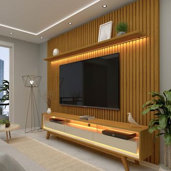 Rack com Painel Ripado para TV até 85 Polegadas com LED e Vidro 2 Gavetas com Pés de Madeira Nobre Requinte Gelius