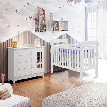 Quarto de Bebê Berço Mini Cama Cômoda 4 Gavetas 1 Porta Lila Carolina Baby