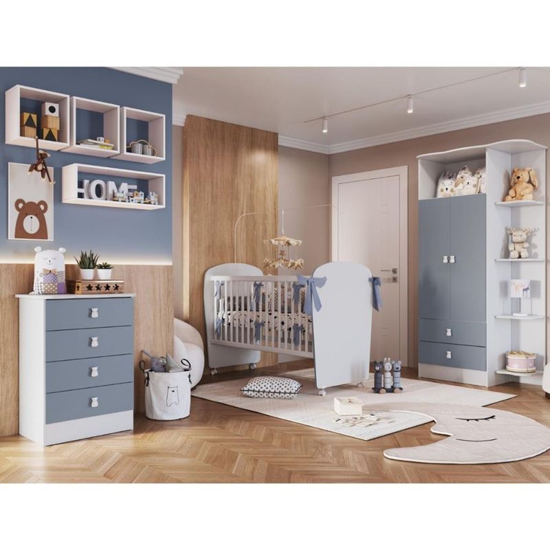 Quarto-de-Bebe-Completo-Guarda-Roupa-Comoda-e-Berco-com-Rodizios-Corujinha-Percasa