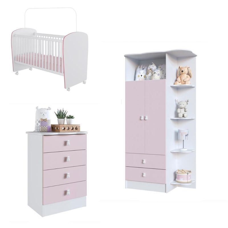 Quarto-de-Bebe-Completo-Guarda-Roupa-Comoda-e-Berco-com-Rodizios-Corujinha-Percasa