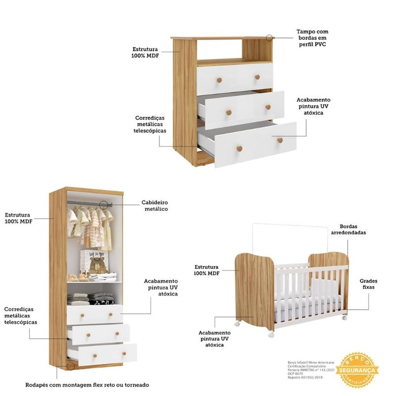 Quarto-de-Bebe-Completo-com-Berco-Americano-Uli-Guarda-Roupa-e-Comoda-MDF-Smim-New-Moveis-Peroba
