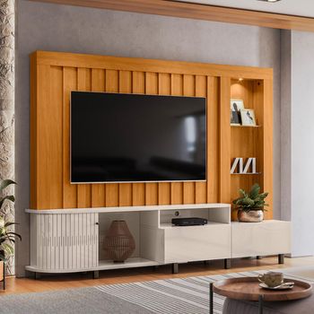 Estante Home para TV até 70 Polegadas com LED e Prateleira de Vidro 1 Porta 2 Gavetas Le Mans Madetec