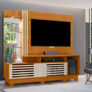 Estante Home para TV até 60 Polegadas com LED Espelho e Prateleira de Vidro 2 Portas de Correr com Pés Frizz Plus Madetec