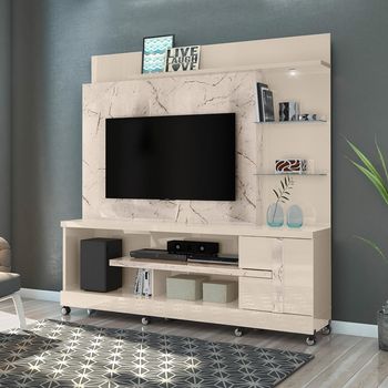 Estante Home para TV até 55 Polegadas com LED e Prateleira de Vidro 1 Porta com Rodízios Alan Madetec