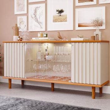 Aparador Buffet Ripado 4 Porta com LED Vidro e Pés de Madeira 100 % MDF Janice Cimol