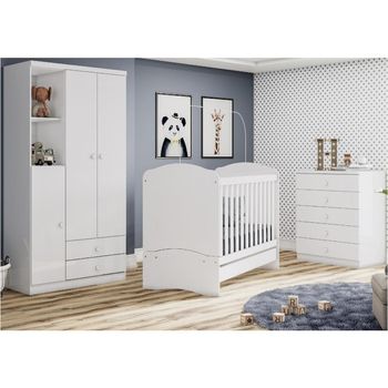 Quarto de Bebê Completo Berço Mini Cama Guarda Roupa 3 Portas 2 Gavetas e Cômoda 5 Gavetas Bala de Menta Henn