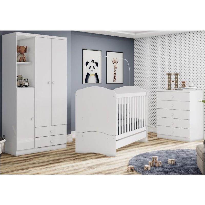 Quarto-de-Bebe-Completo-Berco-Mini-Cama-Guarda-Roupa-3-Portas-2-Gavetas-e-Comoda-5-Gavetas-Bala-de-Menta-Henn