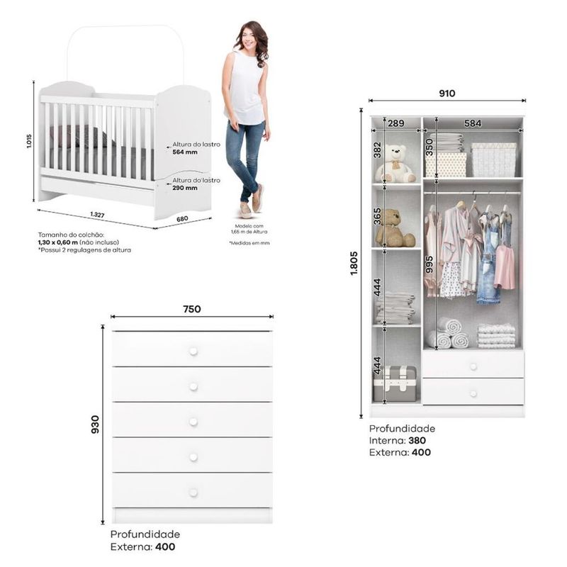 Quarto-de-Bebe-Completo-Berco-Mini-Cama-Guarda-Roupa-3-Portas-2-Gavetas-e-Comoda-5-Gavetas-Bala-de-Menta-Henn