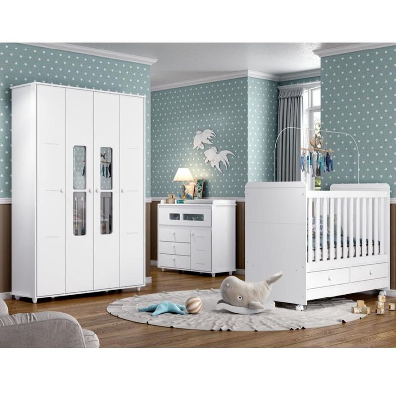 Quarto-de-Bebe-Completo-Berco-Mini-Cama-2-Gavetas-Guarda-Roupa-4-Portas-2-Gavetas-e-Comoda-4-Gavetas-1-Porta-Aquarela-Henn