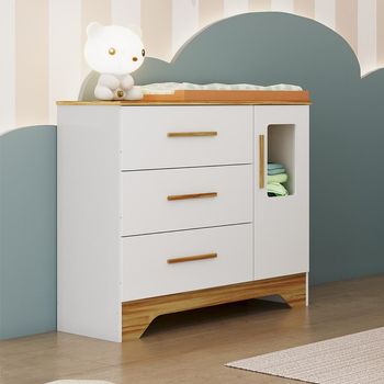 Cômoda Infantil Com Janela 1 Portas 3 Gavetas Popy Retro Peroba