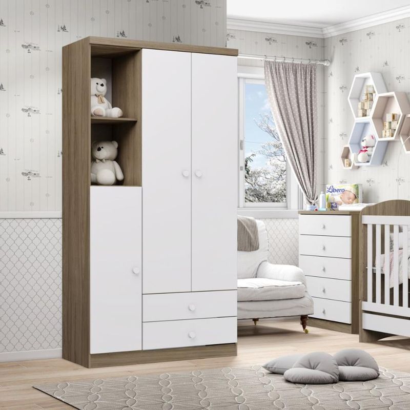 Quarto-de-Bebe-Guarda-Roupa-3-Portas-2-Gavetas-e-Comoda-5-Gavetas-Bala-de-Menta-Henn