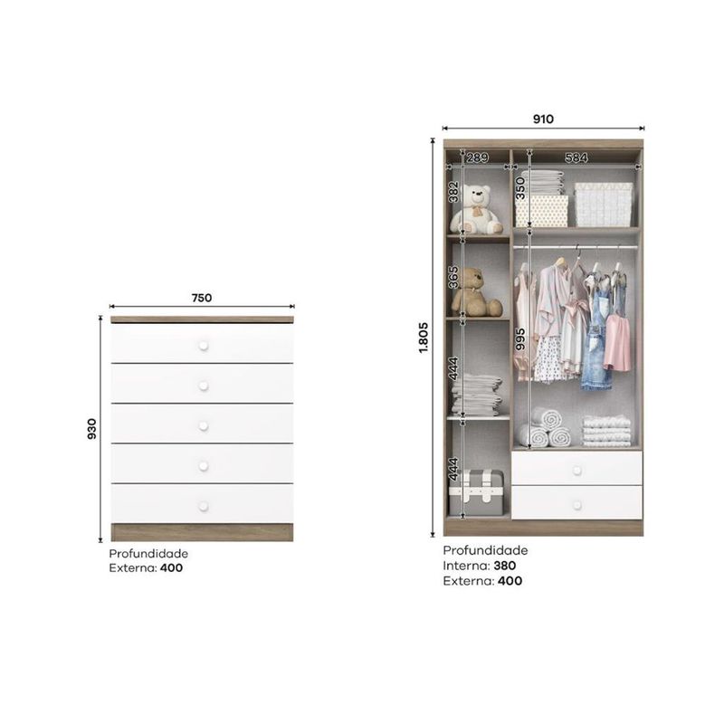Quarto-de-Bebe-Guarda-Roupa-3-Portas-2-Gavetas-e-Comoda-5-Gavetas-Bala-de-Menta-Henn