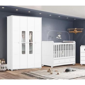 Quarto de Bebê Berço Mini Cama 2 Gavetas e Guarda Roupa 4 Portas 2 Gavetas Aquarela Henn