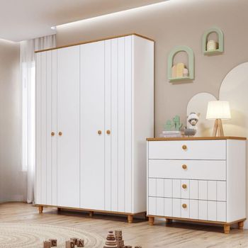 Quarto de Infantil Completo Guarda Roupa 4 Portas e Cômoda 4 Gavetas Em MDFLívia Permobili