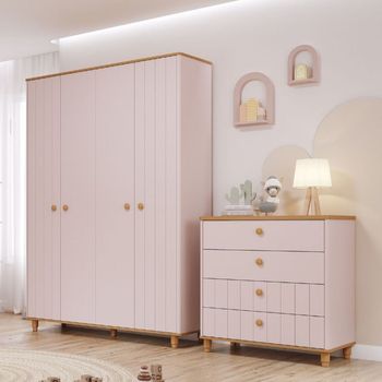 Quarto Infantil Completo Guarda Roupa 4 Portas e Cômoda 4 Gavetas Em MDFLívia Permóbili