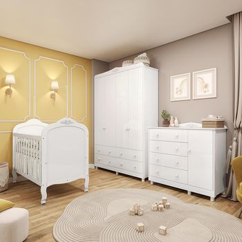 Quarto de Bebê Completo com Berço Mini Cama Guarda-Roupa e Cômoda Em MDF Elô New Móveis Peroba