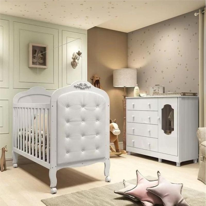 Quarto-de-Bebe-com-Berco-Min-Cama-com-Capitone-e-Comoda-100--MDF-Elo-New-Noah-Moveis-Peroba