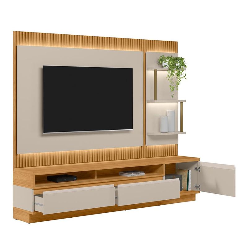 Rack-com-Painel-para-TV-de-ate-70-Polegadas-1-Porta-2-Gavetas-Ripado-LED-Sao-Paulo-Linea-Brasil-