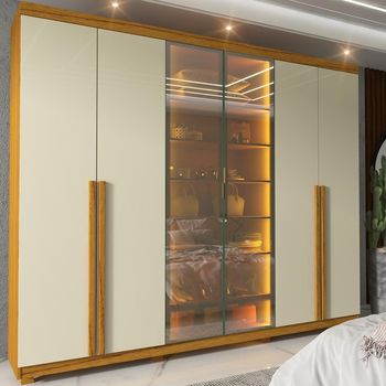 Guarda Roupa Casal com Vidro Reflecta LED e Pés 6 Portas 100% MDF Imperatriz Gelius