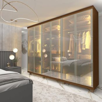 Guarda Roupa Casal com Vidro Reflecta LED e Pés 6 Portas em MDF Imperatriz Gelius