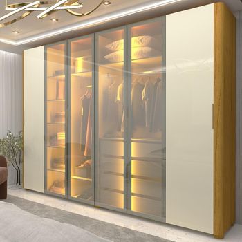 Guarda Roupa Casal com Vidro Reflecta LED e Pés 6 Portas Em MDF Innova Gelius