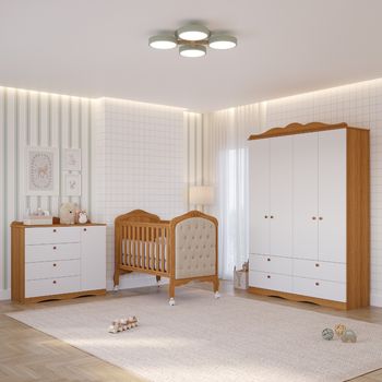Quarto de Bebê com Guarda Roupa 4 Portas Cômoda e Berço Capitonê 2 em 1 100%MDF Laura Permobili