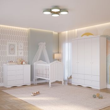 Quarto de Bebê com Guarda Roupa 4 Portas Cômoda Berço 2 em 1 100%MDF Laura Permobili