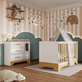 Quarto de Bebê Cômoda com Janela e Berço 3 em 1 Em MDF Popy Móveis Peroba
