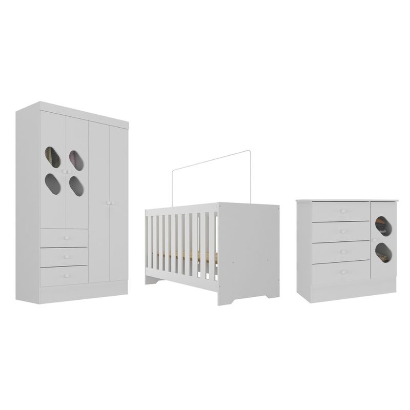 Quarto-de-Bebe-com-Guarda-Roupa-4-Portas-3-Gavetas-Comoda-4-Gavetas-1-Porta-com-Janela-e-Berco-3-em-1--Maya-Rodial