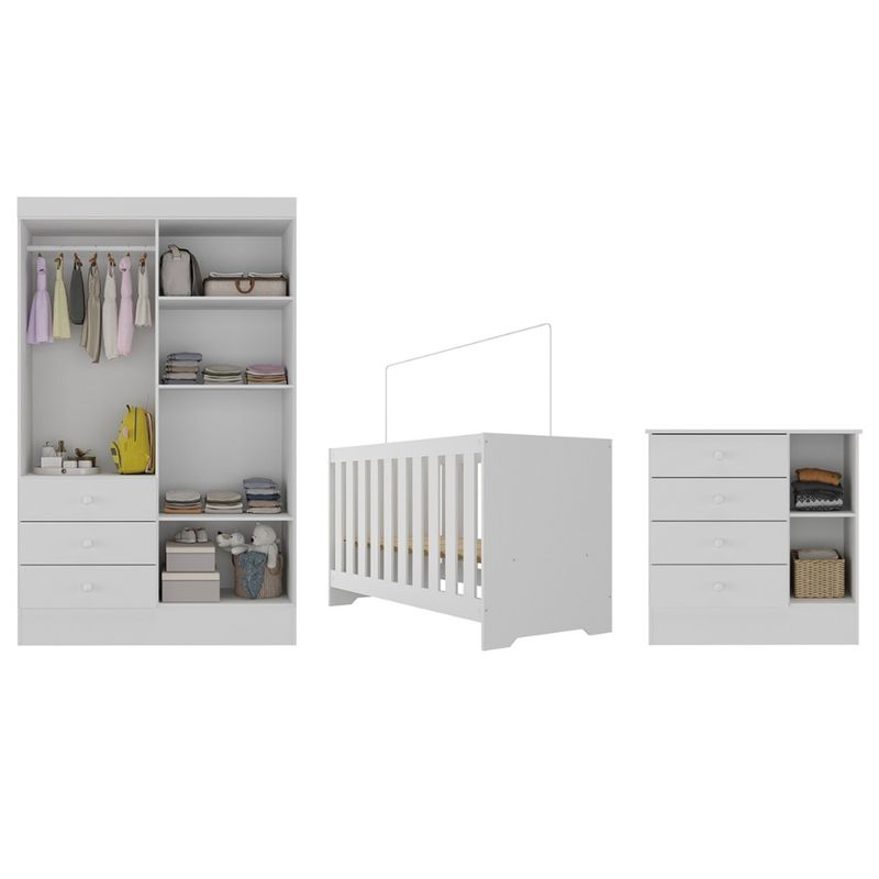 Quarto-de-Bebe-com-Guarda-Roupa-4-Portas-3-Gavetas-Comoda-4-Gavetas-1-Porta-com-Janela-e-Berco-3-em-1--Maya-Rodial