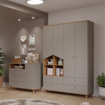 Quarto Bebê Cômoda e Guarda Roupa 4 Portas 2 Gavetas Casinha Permobili