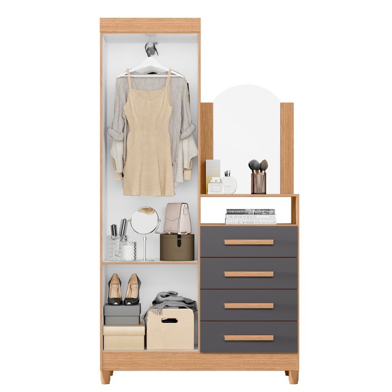 Guarda Roupa Solteiro com Espelho e Pés e Cômoda 2 Portas 4 Gavetas New Capri Albatroz