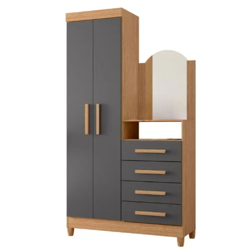 Guarda Roupa Solteiro com Espelho e Pés e Cômoda 2 Portas 4 Gavetas New Capri Albatroz