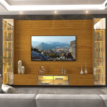 Estante Home para TV até 85 Polegadas com 2 Cristaleiras LED e Vidro Reflecta 5 Portas em MDF Luminare Gelius