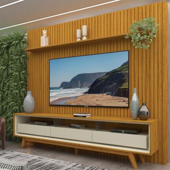 Rack com Painel Ripado para TV até 85 Polegadas com Vidro 3 Gavetas Pés em Madeira Maciça Nobre Requinte Gelius